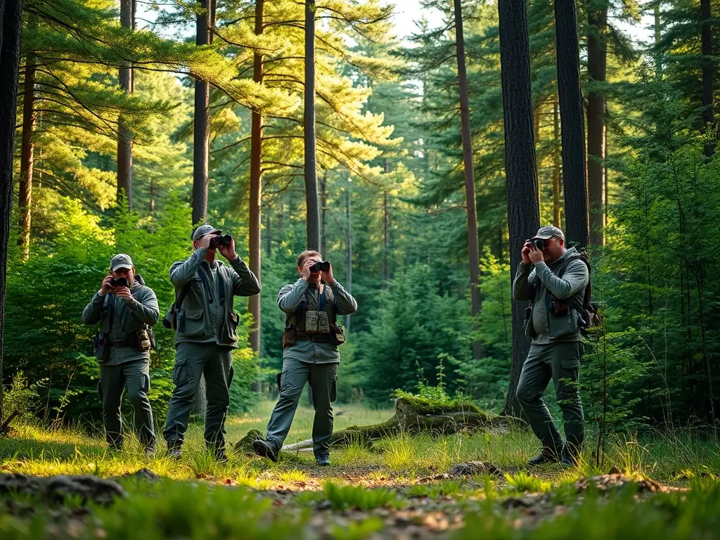 A photograph showing ACCA PIERREFORT members conducting a wildlife survey, using binoculars and tracking equipment to monitor animal populations in their natural habitat. The image should highlight the scientific aspect of wildlife management.