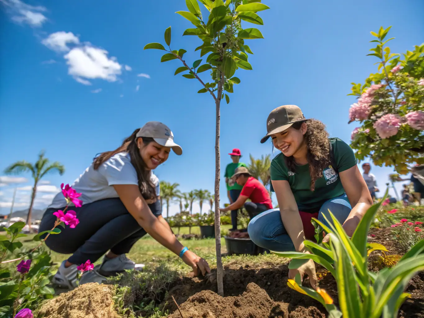A photograph depicting ACCA PIERREFORT members participating in a habitat restoration project, planting native trees and shrubs in a deforested area. The image should convey a sense of teamwork and environmental stewardship.