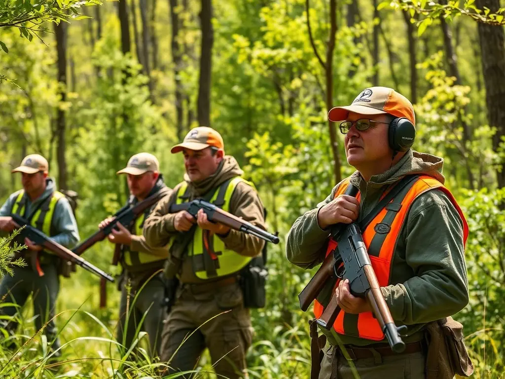 A photograph depicting a group of ACCA Pierrefort members participating in an organized hunt, showcasing responsible hunting practices in a natural setting.