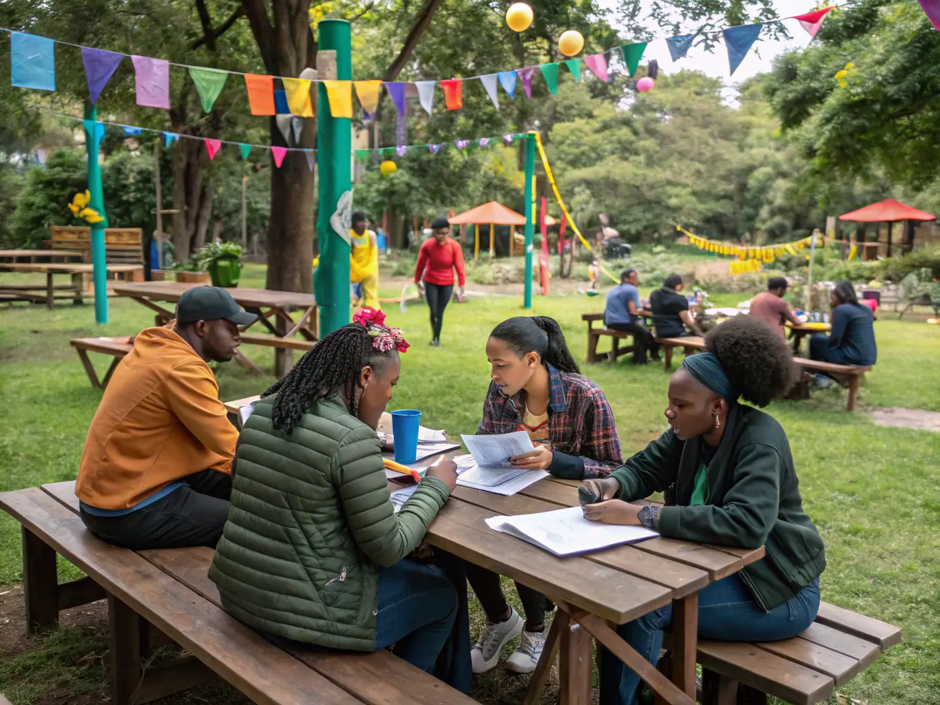 A photograph featuring ACCA PIERREFORT members leading an educational workshop for local children, teaching them about wildlife conservation and responsible hunting practices. The image should emphasize the importance of community engagement and education.